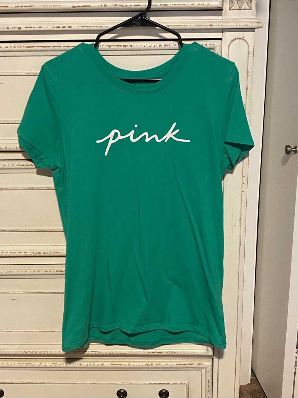 PINK Victoria's Secret Green Script Logo Short Sleeve Tee